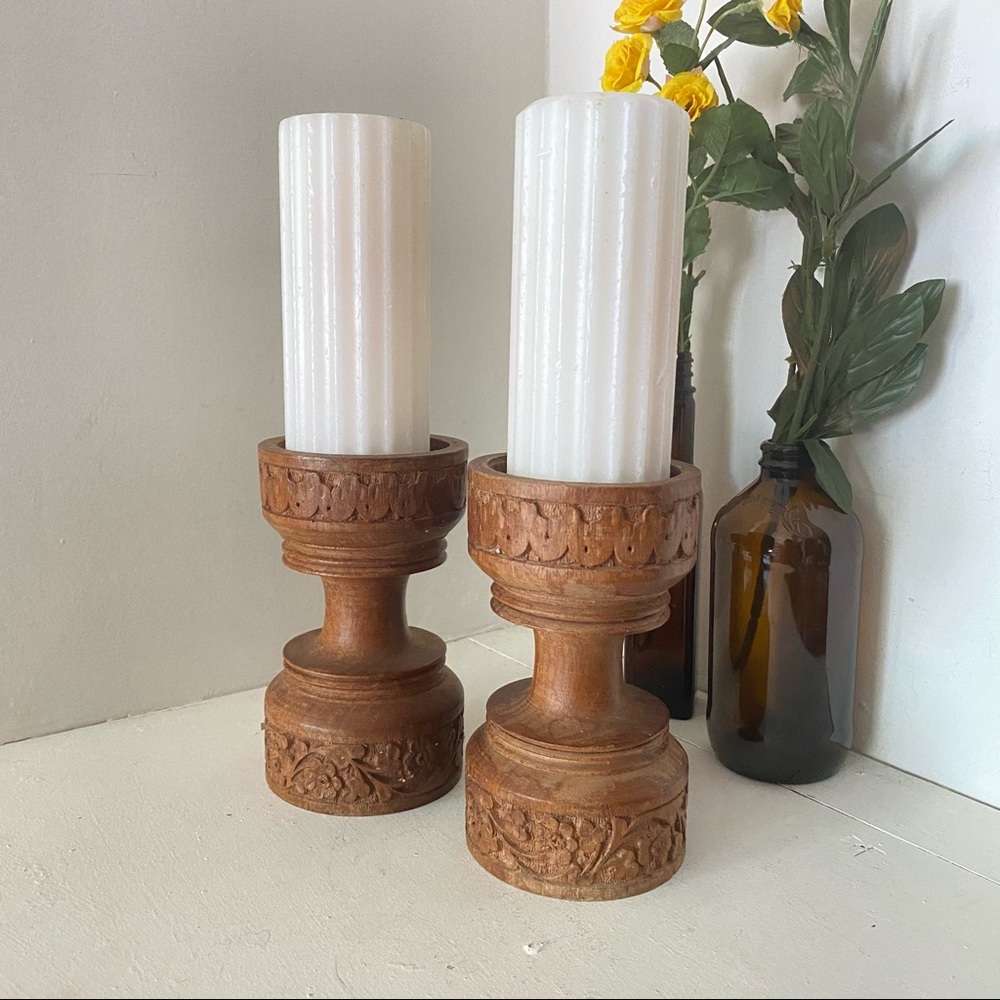 Vintage candle stick holders wood engraved floral
